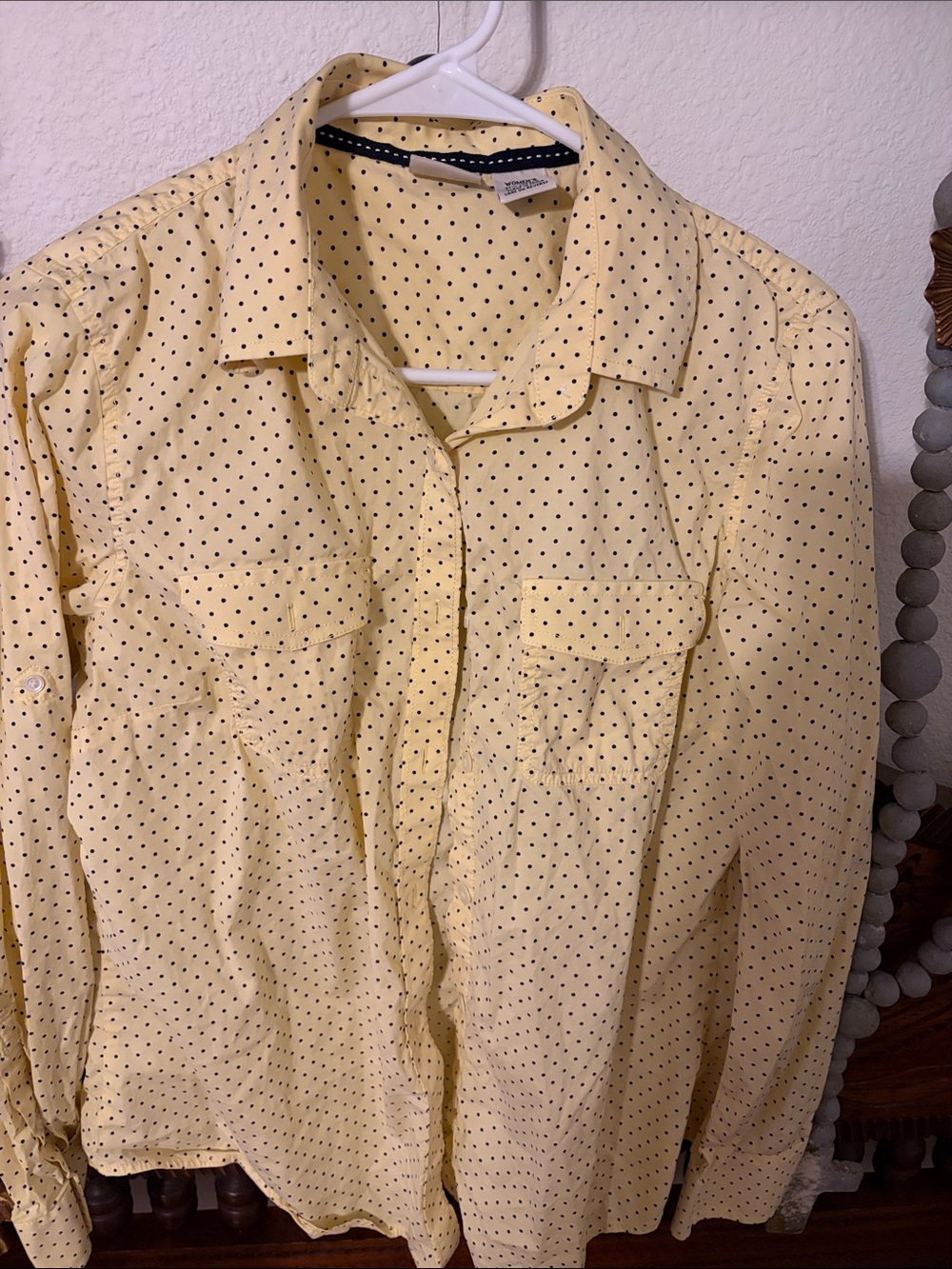 L.L. Bean Light Yellow Button-Down Shirt with Black Polka Dots